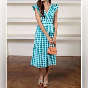 COMPANIA FANTASTICA casey midi dress in turquoise gingham print ruffle lined S